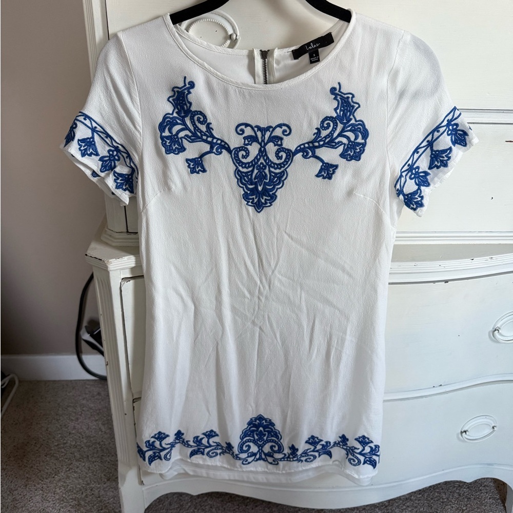 Lulu's White Blouse with Blue Embroidery